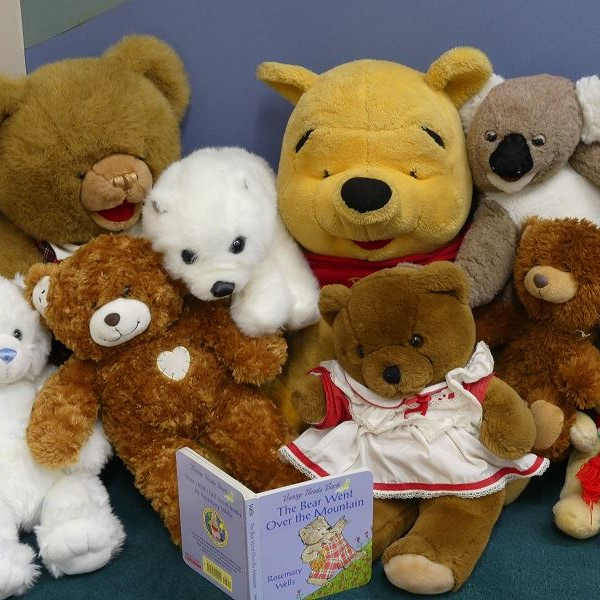 Stuffed bears reading a book together